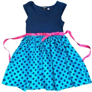 Zunie Girls Navy Blue Polka Dot Dress Turquoise Pink Sash Size 5‎ MDP9493R